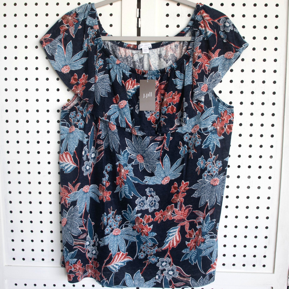 J Jill Love Linen Floral Ruffle Top Womens SIZE Petite Large Blouse